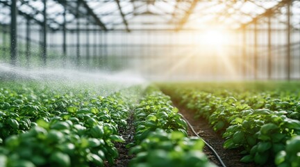 Obraz premium Watering young basil plants in sunlit greenhouse