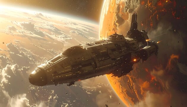 Sci-fi ship against a fiery planet, drifting in space amidst clouds and cosmic light, rendered with gritty detail
