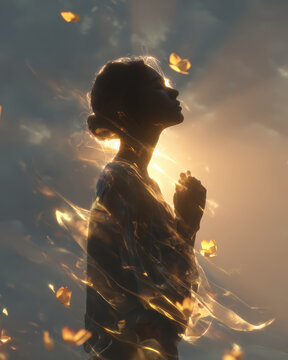 Woman in contemplative prayer gesture with karmic energy flow visualization and transcendent atmosphere perfect for Buddhist memorial blessing spiritual devotion and mindfulness meditation concept.