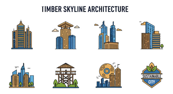 Vector illustration of eight timber skyline architecture icons showing wooden skyscrapers and sustainable city designs