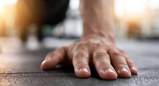 close up of hand on rubber floor during push up