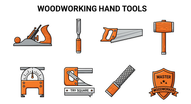 Woodworking hand tools vector icons set featuring a plane saw chisel mallet and master woodworker badge