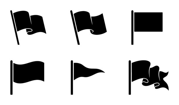 Black Flag Icons Set, Vector Silhouettes of Waving and Stationary Flags, Simple Graphic Elements for Design