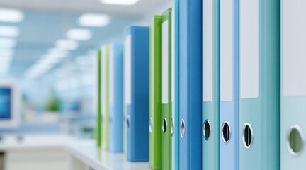Fototapeta premium Row of colorful ring binders on shelf in blurred office interior