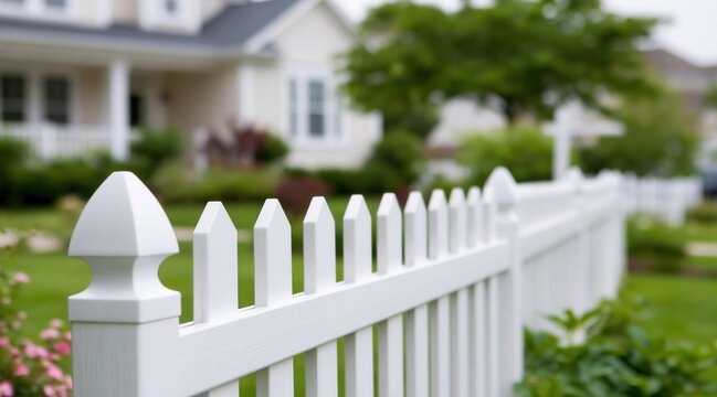 White picket fence in front of suburban house on sunny day