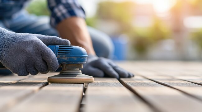 Person sanding wooden deck boards with power sander
