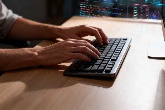 Person typing on keyboard with code on screen