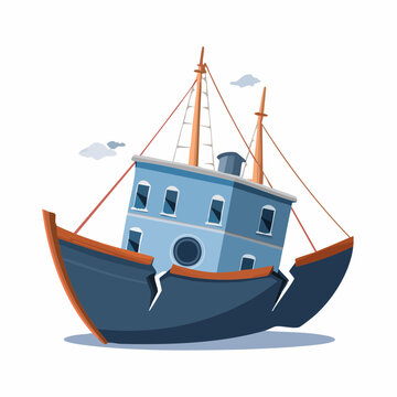 Cartoon illustration of a broken ship sinking