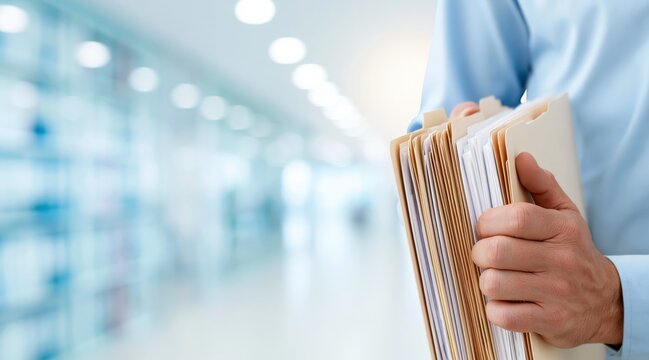Man holding stack of folders with documents in blurred office corridor