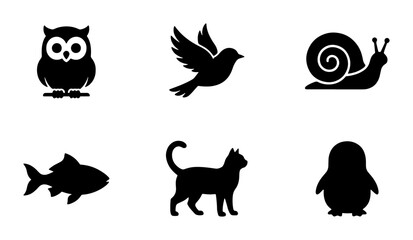 Black Silhouette Animal Icons Set: Owl, Bird, Snail, Fish, Cat, Penguin Vector Graphics for Nature and Wildlife Designs © Saiful
