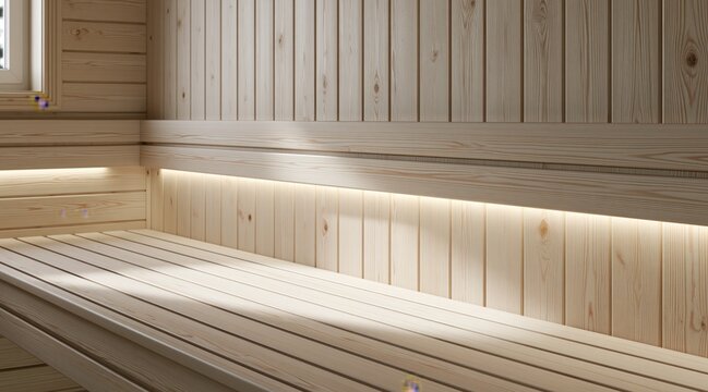 Modern wooden sauna interior with benches and warm led lighting