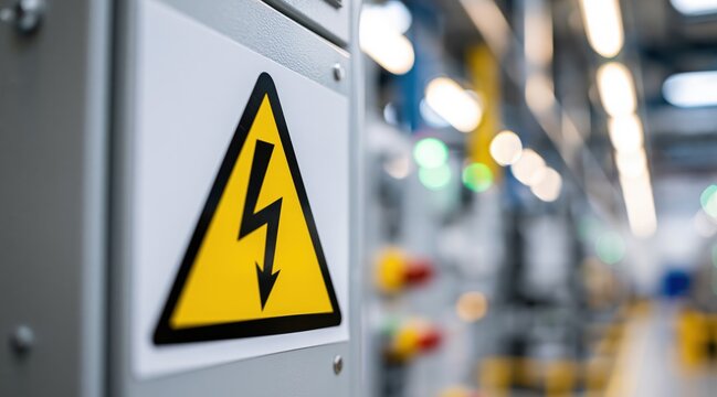 High voltage warning sign on industrial electrical panel