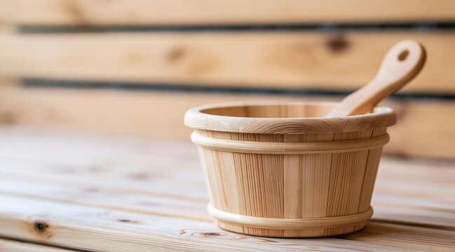 Wooden sauna bucket with ladle on wooden bench