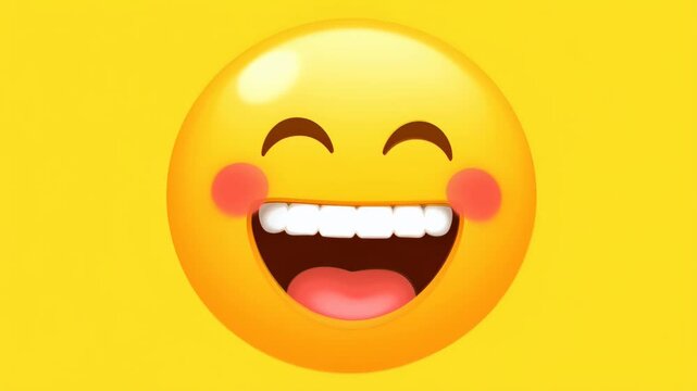 Yellow emoji face with a wide, happy smile and rosy cheeks on a solid yellow background