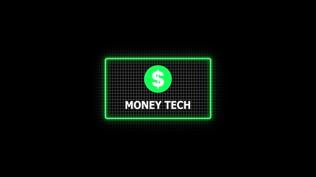Neon money tech digital currency financial technology theme with glowing dollar sign and grid background for fintech business banking and economic presentations