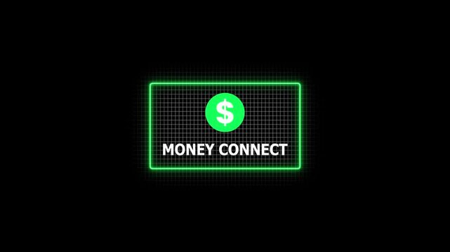 Neon glowing green digital cash card animation with grid pattern for money connect concept neon cash card