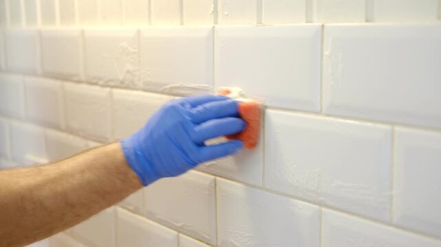 Thoroughly cleaning the grout between tiles. Manually cleaning stains on white tiles. Close-up of a gloved hand cleaning white tiles. A variety of tile cleaning products. The problem of cleaning.
