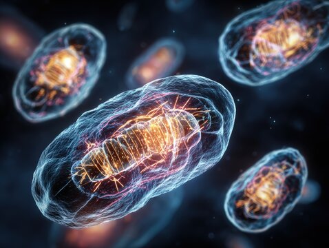NAD boosters visualization of mitochondria in healthy cell energized by precursors. Enhanced cellular energy production and DNA repair, vital anti aging supplements for health nutrition wellness.