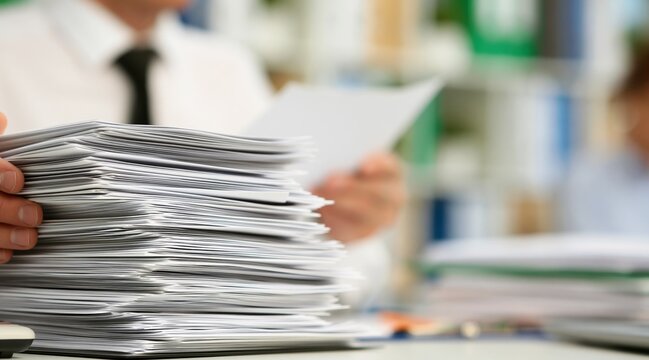Businessman hands holding huge stack of paper documents in office