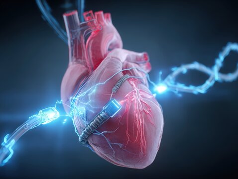 3D medical illustration of human heart with subcutaneous ICD lead positioned under skin, glowing blue energy pulses, innovative cardiovascular solution perfect for cardiac science and technology.