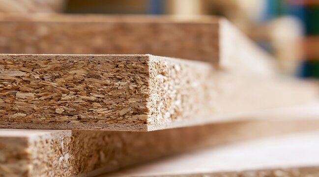 particle board sheets stacked showing textured wood edge