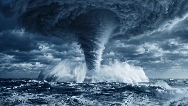 Massive tornado funnel touching down in the middle of a stormy ocean with huge crashing waves and dark swirling clouds, symbolizing natural disaster awareness or climate change impact
