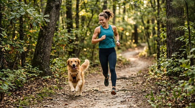 Woman running on a trail in the woods with her golden dog