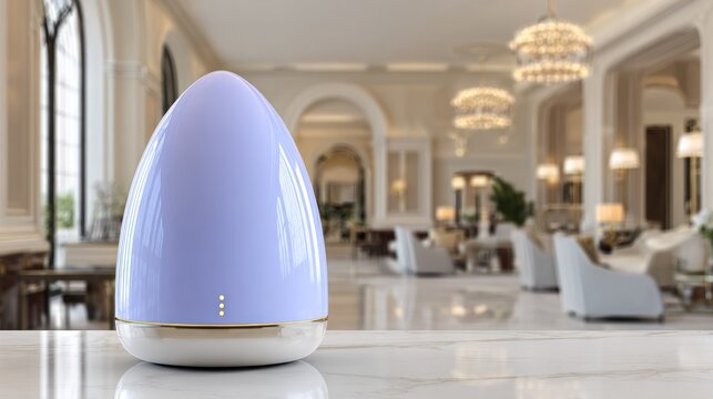Modern electronic aroma diffuser illuminates with soft light on a polished counter surface