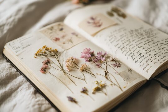 Open sketchbook journal with dried pressed flowers taped to pages alongside handwritten notes and artistic documentation. Creative journaling process, botanical memory keeping and personal diary.