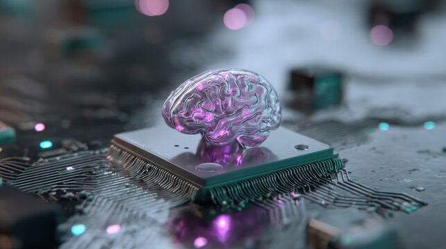 Translucent synthetic cerebral model rests atop a central processing unit on a futuristic circuit board.