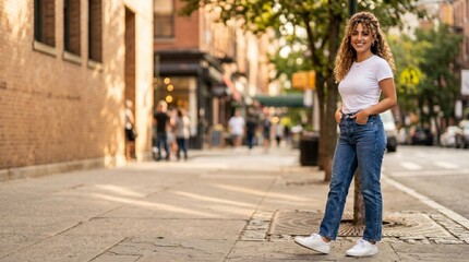 Obraz premium Confident Middle Eastern Woman in Stylish Denim and White Sneakers Posing Outdoors – Urban Fashion Lifestyle Portrait at Golden Hour on City Sidewalk