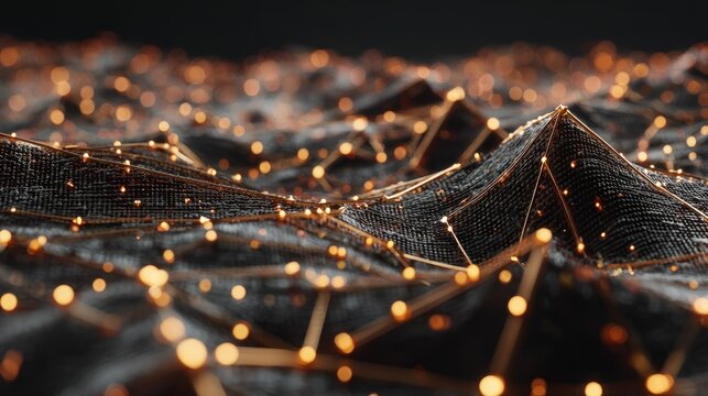 Illuminated network connections undulate across a dark, textured surface creating abstract digital topography
