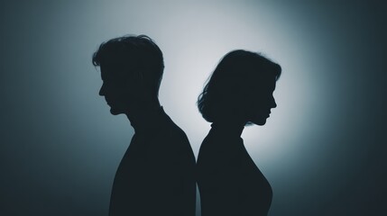 Fototapeta premium Silhouette of couple standing back to back with subtle distance between bodies expressing emotional tension and unresolved conflict. Marital discord and relationship breakdown for counseling concept.