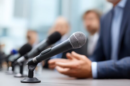 Modern spokesperson addressing media in clean conference room with microphones and blurred reporters creating depth for corporate communication and startup leadership announcement presentation concept