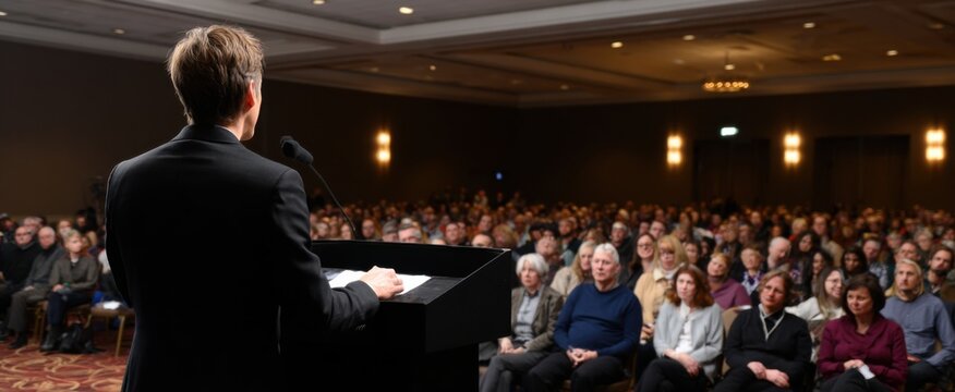 the conference speaker engages an eager audience with a compelling presentation