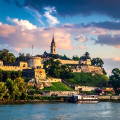 Obraz premium Historic fortress on a hill overlooking a river with a cloudy sky backdrop