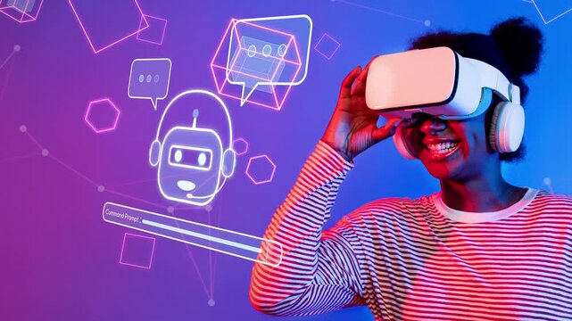 A joyful young woman engages with virtual reality technology, showcasing excitement and a colorful digital background that highlights innovation and interactive entertainment. Raster