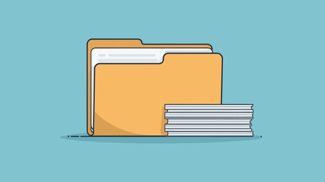 A cartoon illustration of an open yellow folder with documents and a stack of papers on a light blue background.