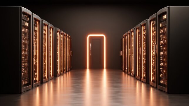 Rows of illuminated computer hardware cabinets create a high technology corridor leading to a glowing doorway