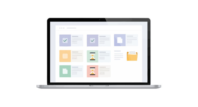 Modern laptop screen displaying colorful interface dashboard with various service icons and text blocks. EPS Editable. Vector Illustrations.