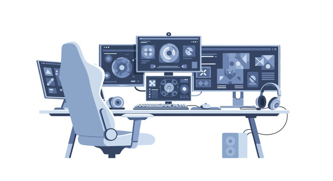 Modern professional gaming setup with multiple computer monitors and high back ergonomic chair. EPS Editable. Vector Illustrations.