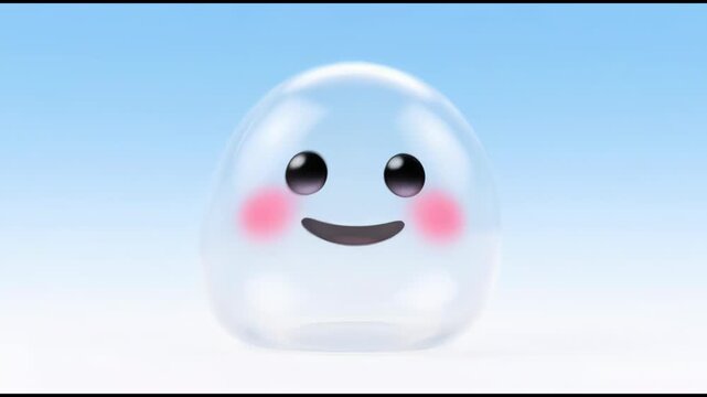 A single cute transparent bubble character with blushing cheeks floating against a soft blue sky background