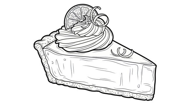 Slice of Key Lime Pie with Whipped Cream and Citrus Garnish - Line Art