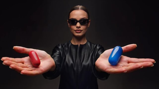 Mysterious woman in black leather offering a red pill and a blue pill choice.