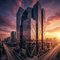 Obraz premium Modern office building exterior with glass windows reflecting the clouds