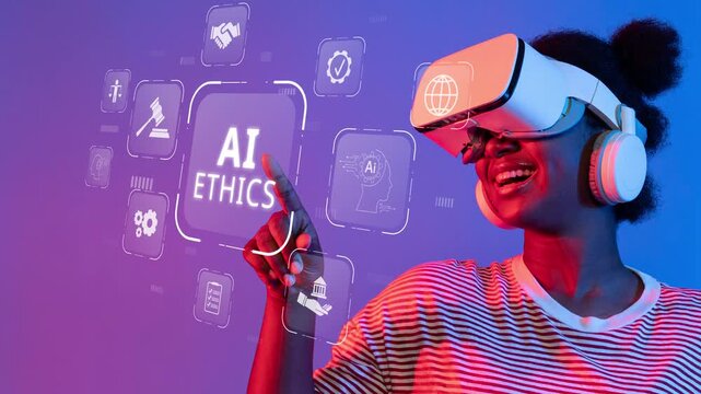 A vibrant image of a joyful woman engaging with virtual reality technology, highlighting the significance of ethics in artificial intelligence advancements and user interaction. Raster