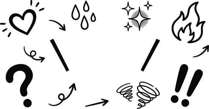 Doodle icon set featuring hand drawn shapes including hearts stars fire arrows and punctuation marks design
