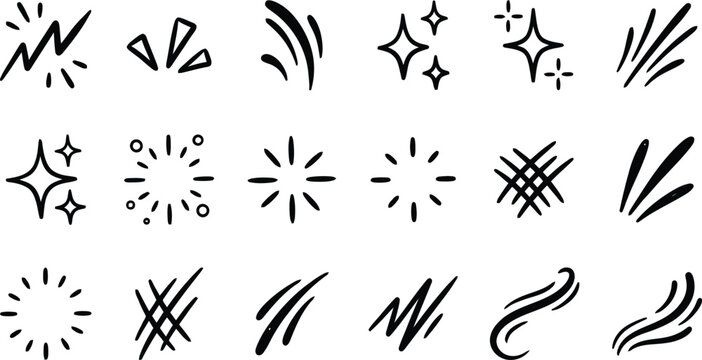 Hand drawn doodle sparkle set featuring various star bursts and decorative flash effects for creative design