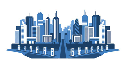 Fototapeta premium Stylized illustration of a modern city skyline with electric vehicle charging stations.