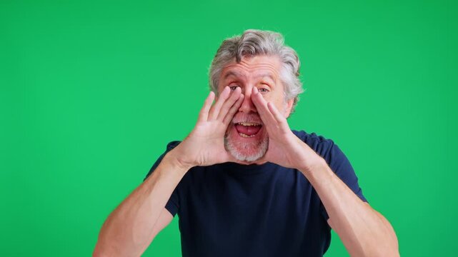 Mature man shouting a message on green screen